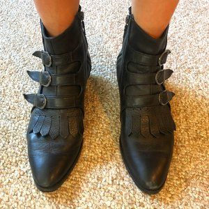 Modern Vice Jett black leather ankle boots with 3 buckles, studs, fringe